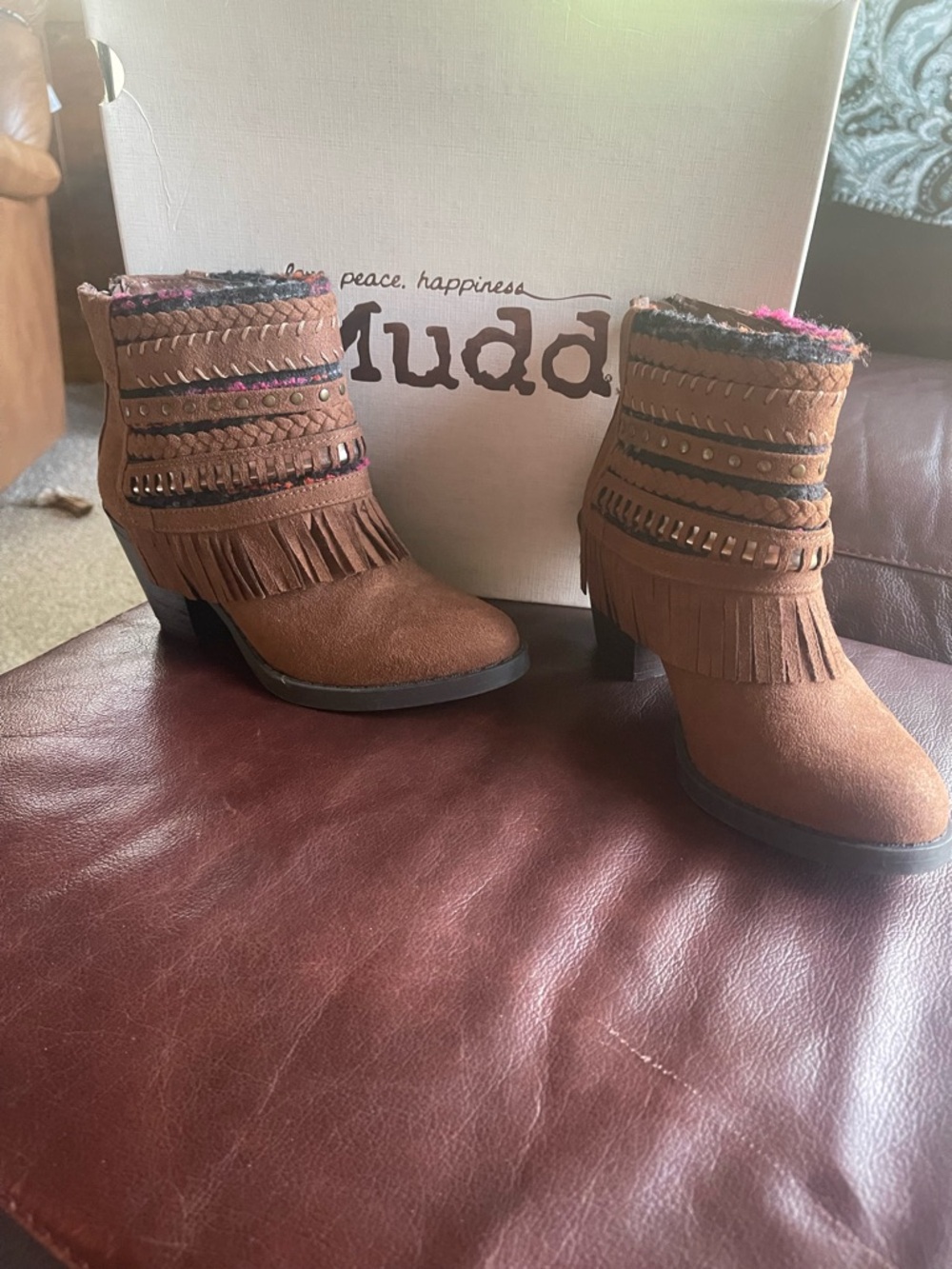 Mudd Tan Suede-Look Fringe Ankle Booties with Patterned Cuff